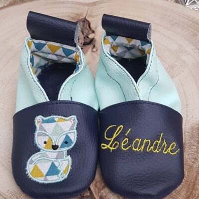 Chaussons souple cuir, simili cuir, bébé / enfant, chausson personnalisé, renard