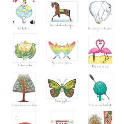 Affiche d'illustrations rigolotes de multiples expressions françaises.