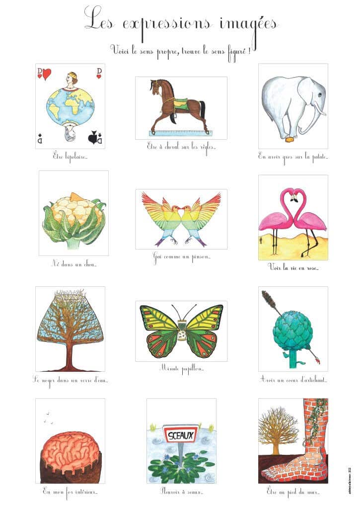 Affiche d'illustrations rigolotes de multiples expressions françaises.
