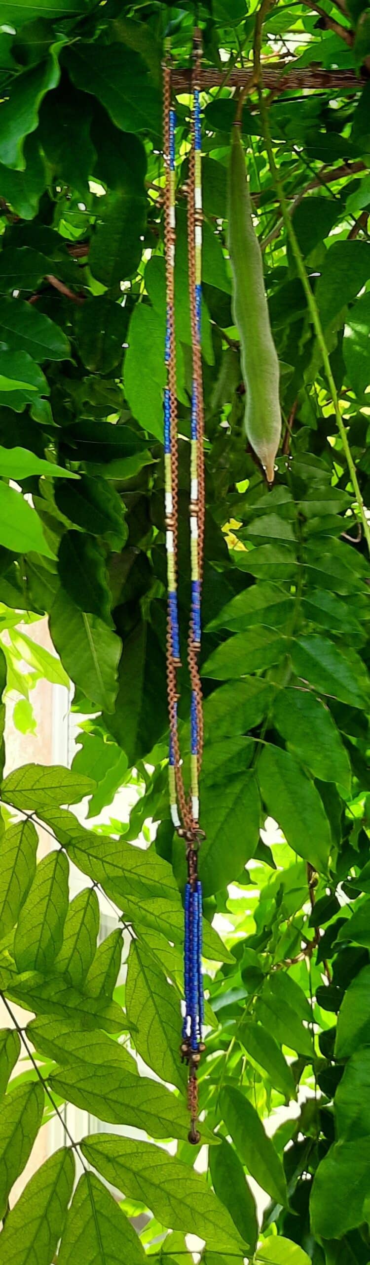 Sautoir d'inspiration Amérindienne, sautoir "Karan", double rang, perles "miyuki" et chaîne cuivre, pendentif pompon perles et chaîne cuivre – Image 5