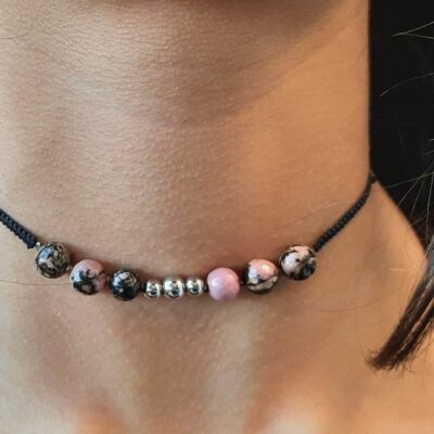 Collier ras du cou asymétrique et bracelet double rang, ajustables, perles pierre naturelle Rhodonite rose, Lithothérapie, spécial cou très fin