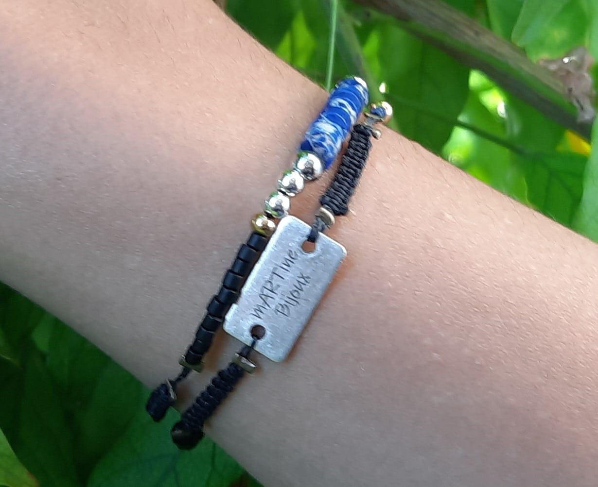 Collier ras du cou asymétrique et bracelet double rang, ajustables, pierre naturelle de Lapis lazuli, Lithothérapie, spécial cou fin – Image 2