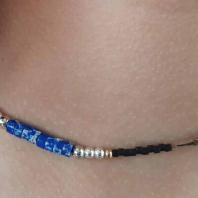 Collier ras du cou asymétrique et bracelet double rang, ajustables, pierre naturelle de Lapis lazuli, Lithothérapie, spécial cou fin