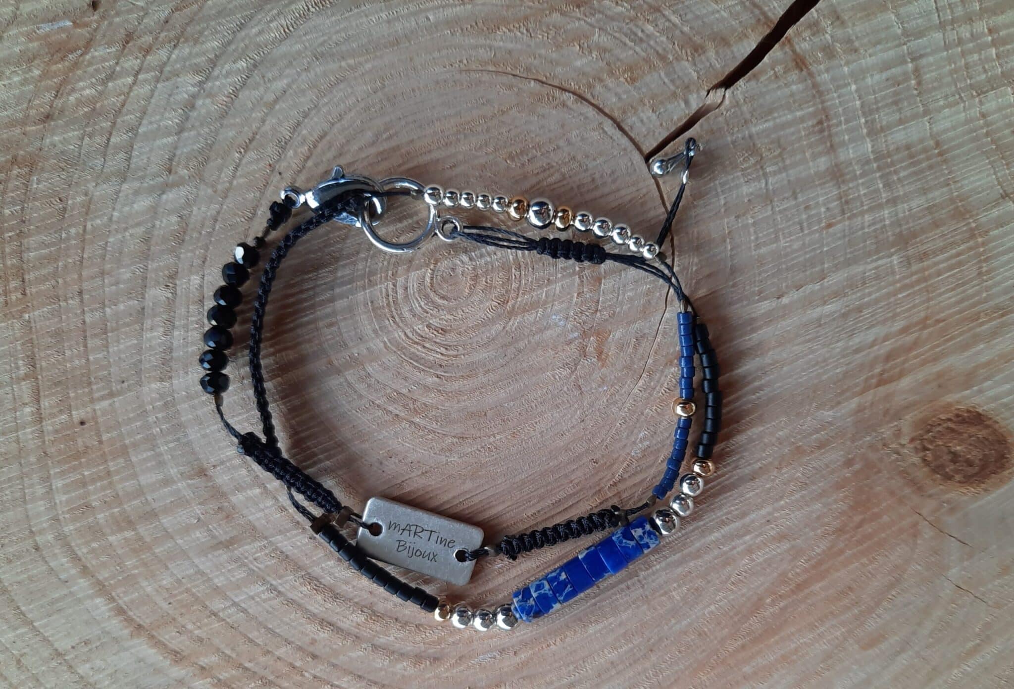Collier ras du cou asymétrique et bracelet double rang, ajustables, pierre naturelle de Lapis lazuli, Lithothérapie, spécial cou fin – Image 3