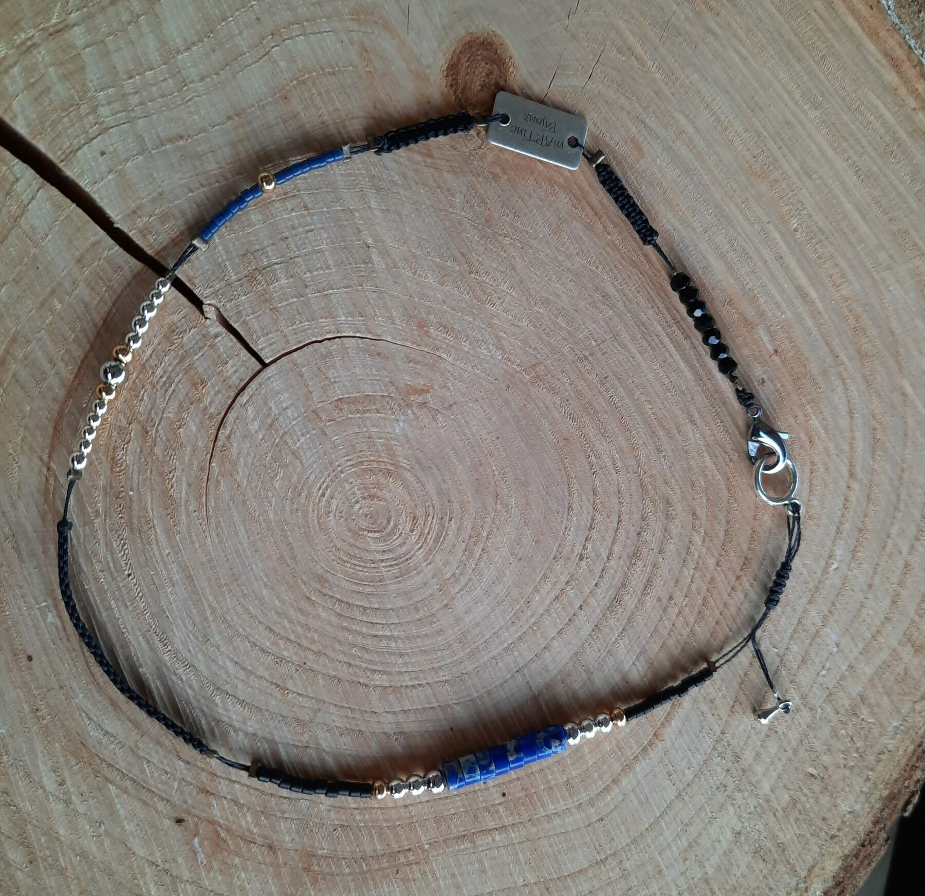 Collier ras du cou asymétrique et bracelet double rang, ajustables, pierre naturelle de Lapis lazuli, Lithothérapie, spécial cou fin – Image 4