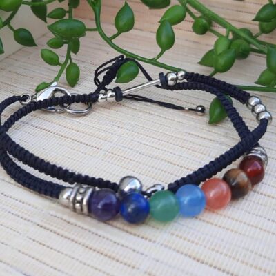 Bracelet unisexe, double tour, ajustable, perles acier et perles pierres naturelles 7 chakras, lithothérapie