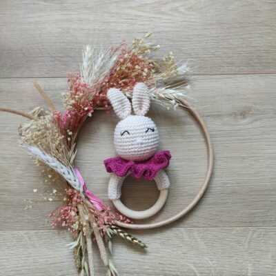 Hochet grelot lapin "rose prune"
