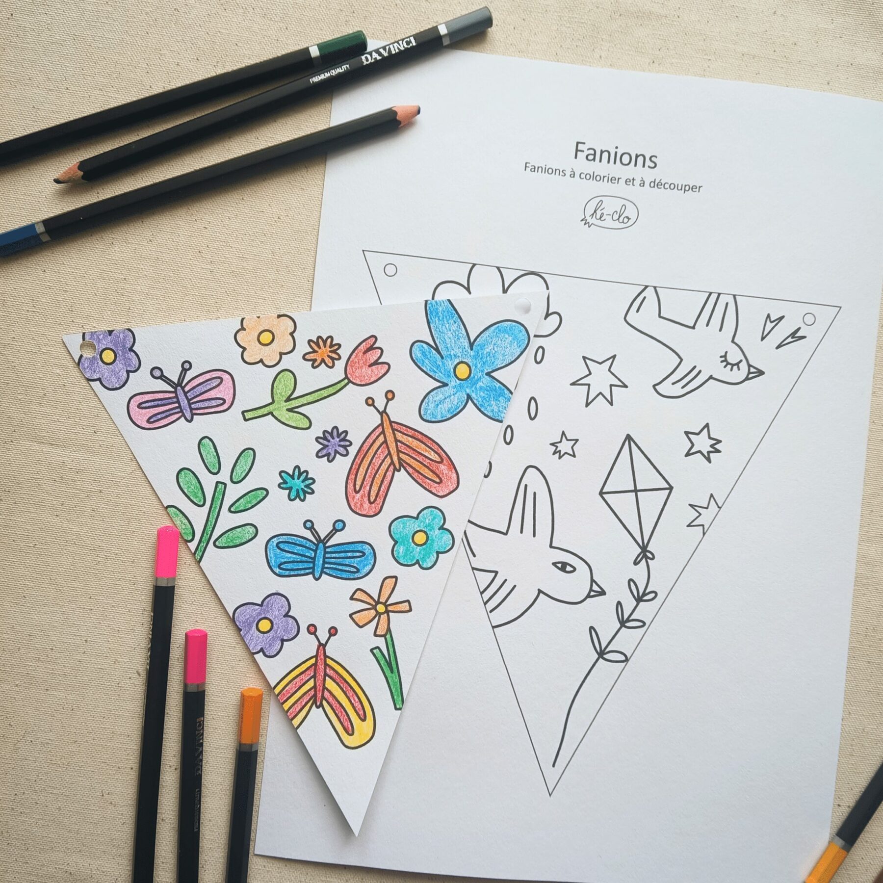 Guirlande de fanions à colorier, papier, Printemps