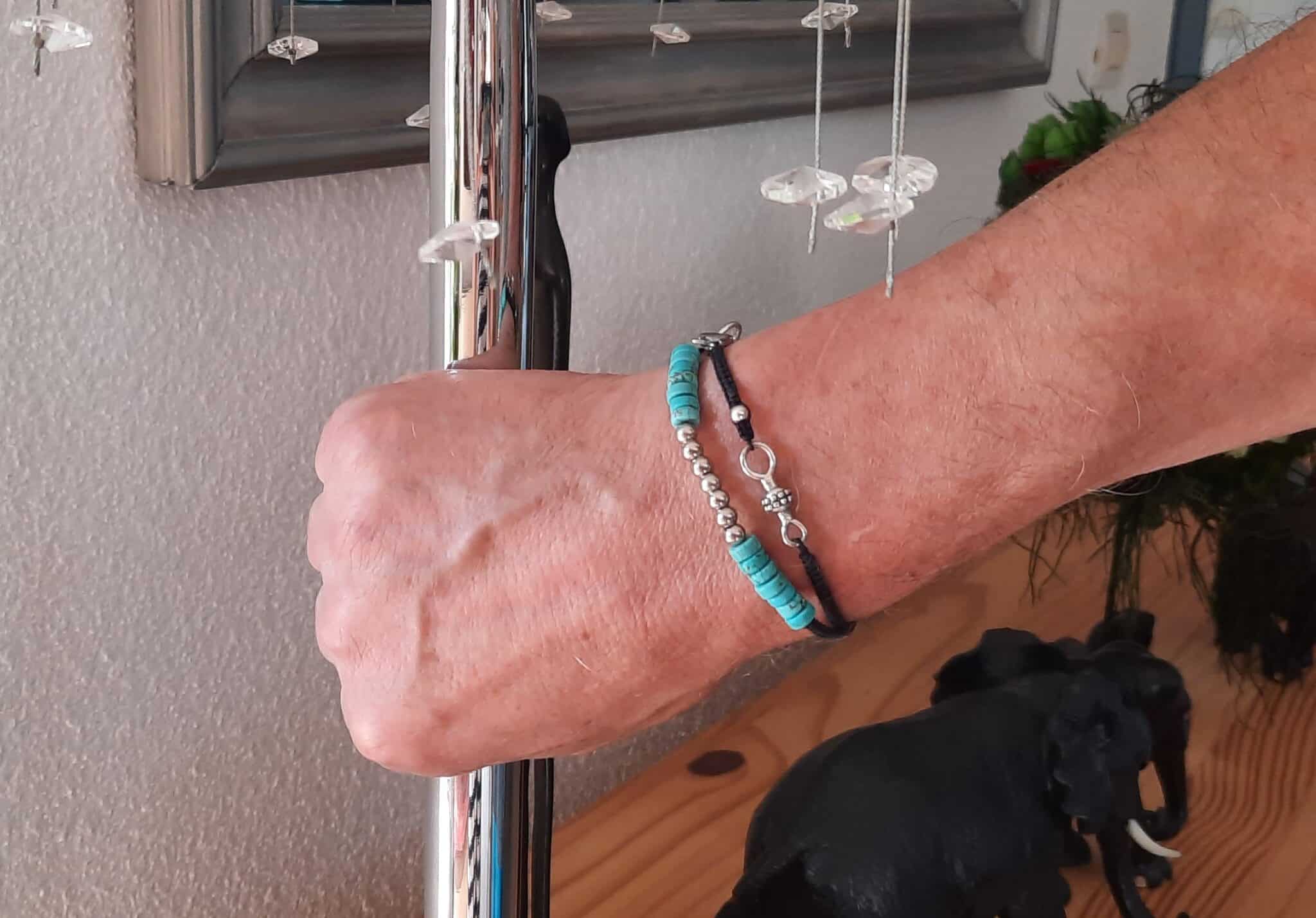 Bracelet unisexe, double tour, ajustable, perles acier et pierres Turquoise – Image 2