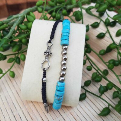 Bracelet unisexe, double tour, ajustable, perles acier et pierres Turquoise