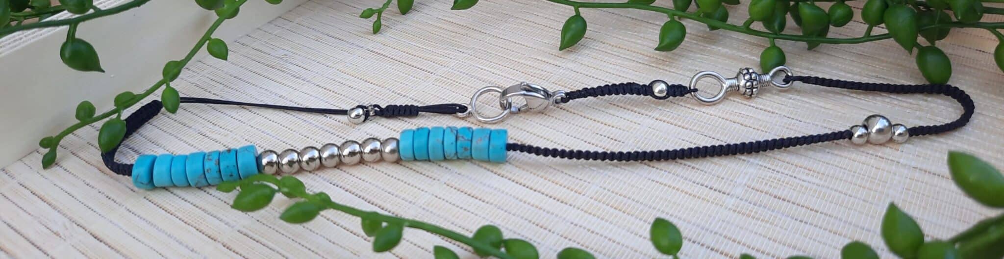 Bracelet unisexe, double tour, ajustable, perles acier et pierres Turquoise – Image 3