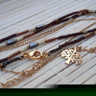 Collier ras du cou double, perles "Miyuki", chaîne et pendentif "Arbre de vie" en acier inoxydable doré
