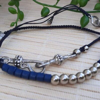 Bracelet unisexe, double tour, ajustable, perles acier et perles bois bleu marine