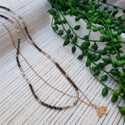 Collier ras du cou double, perles "Miyuki", chaîne et pendentif "Arbre de vie" en acier inoxydable doré