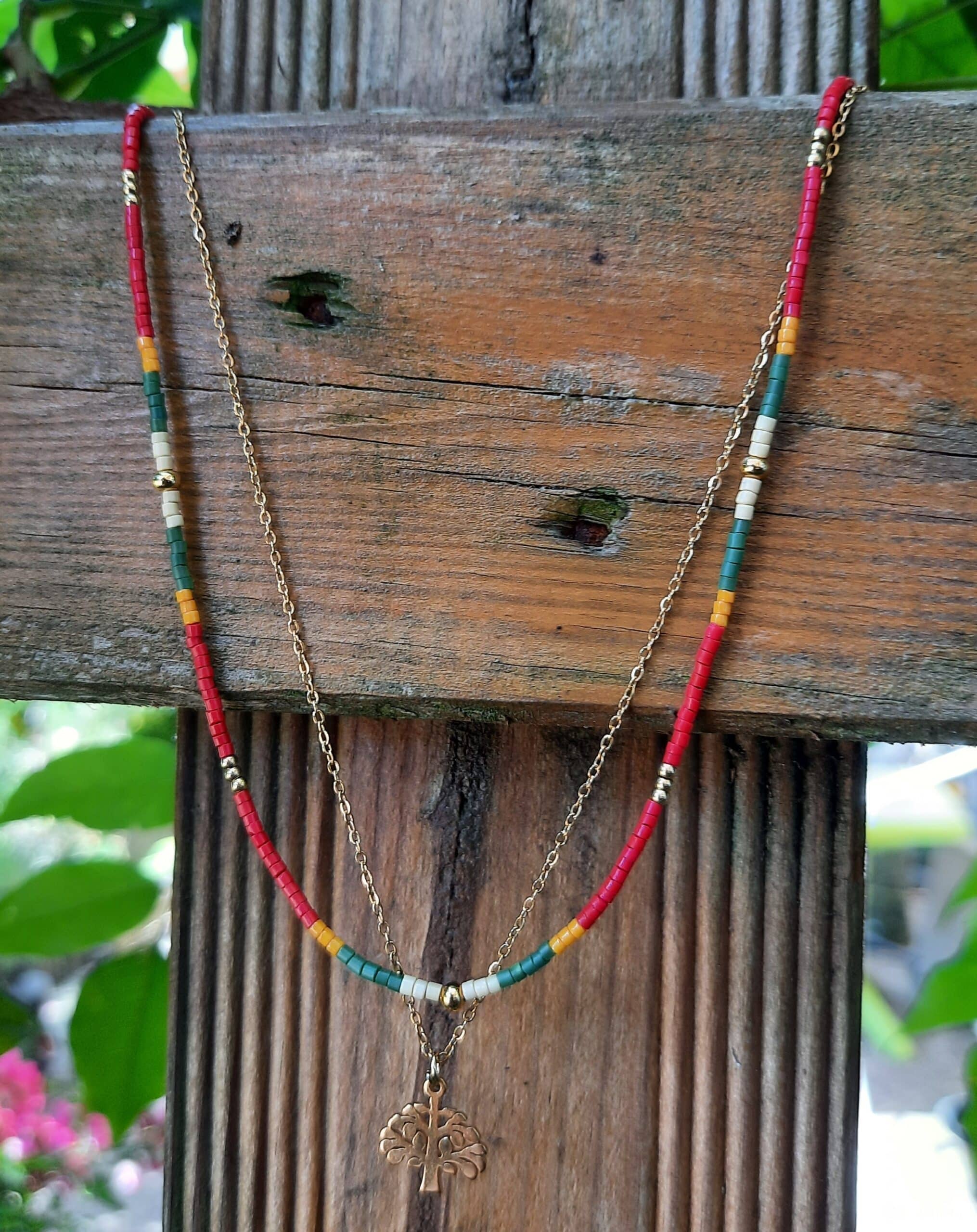 Collier ras du cou double, perles "Miyuki", chaîne et pendentif "Arbre de vie" en acier inoxydable doré – Image 4