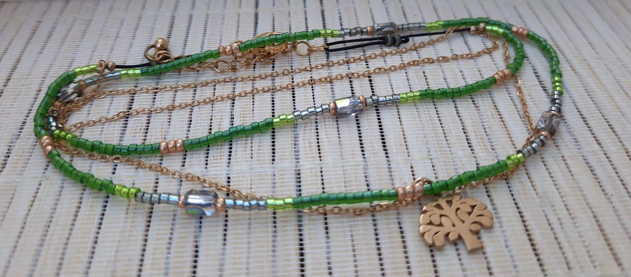 Collier ras du cou double, perles "Miyuki", chaîne et pendentif "Arbre de vie" acier inoxydable doré – Image 3