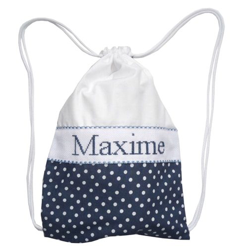 Sac à dos brodé main personnalisable bleu marine pois blanc