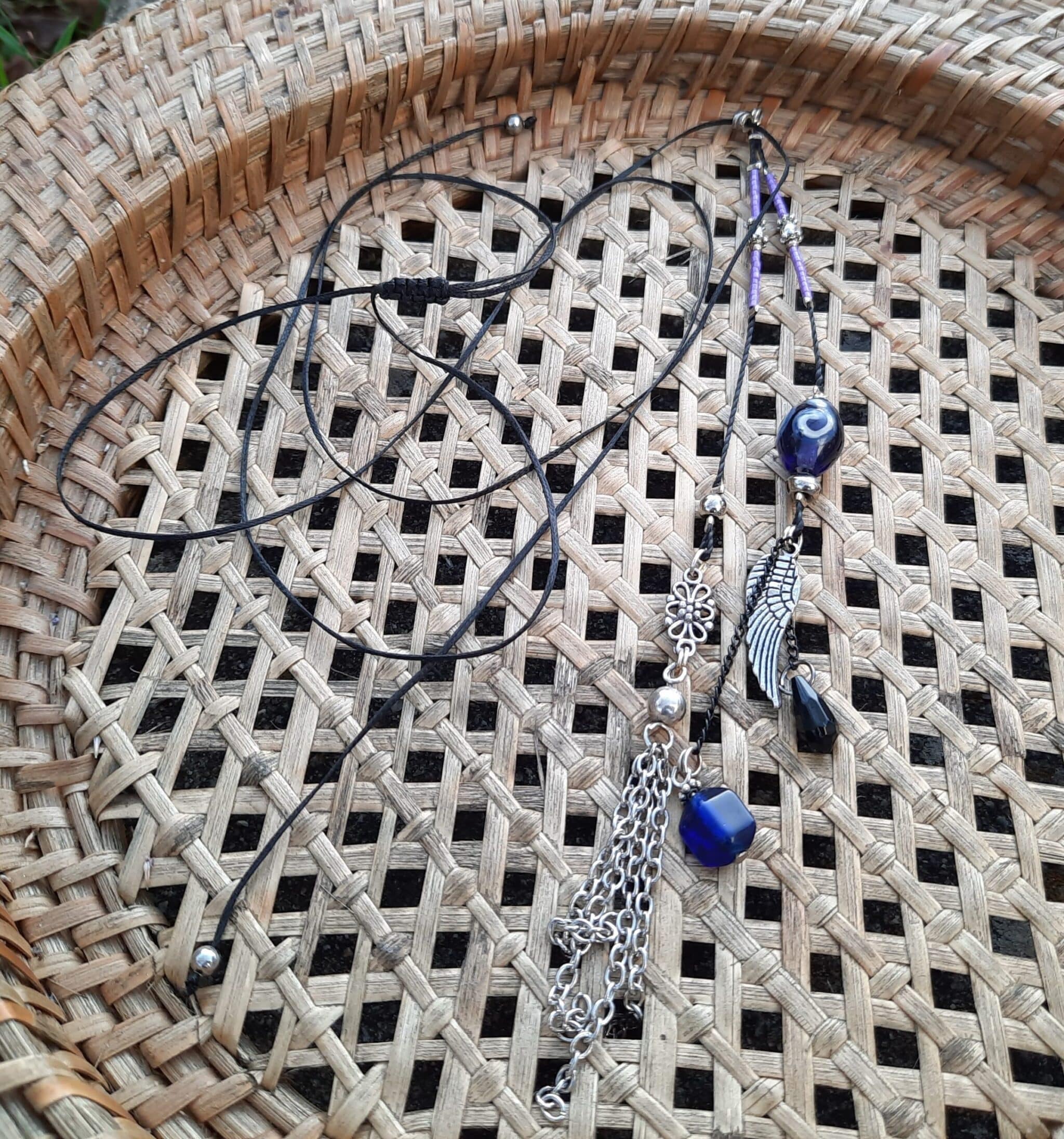 Sautoir pendentif, ajustable, fil de nylon tressé, perle "Murano" bleu nuit, breloques perles fantaisies , perles "Miyuki", pompon chaînettes métal rhodium – Image 4