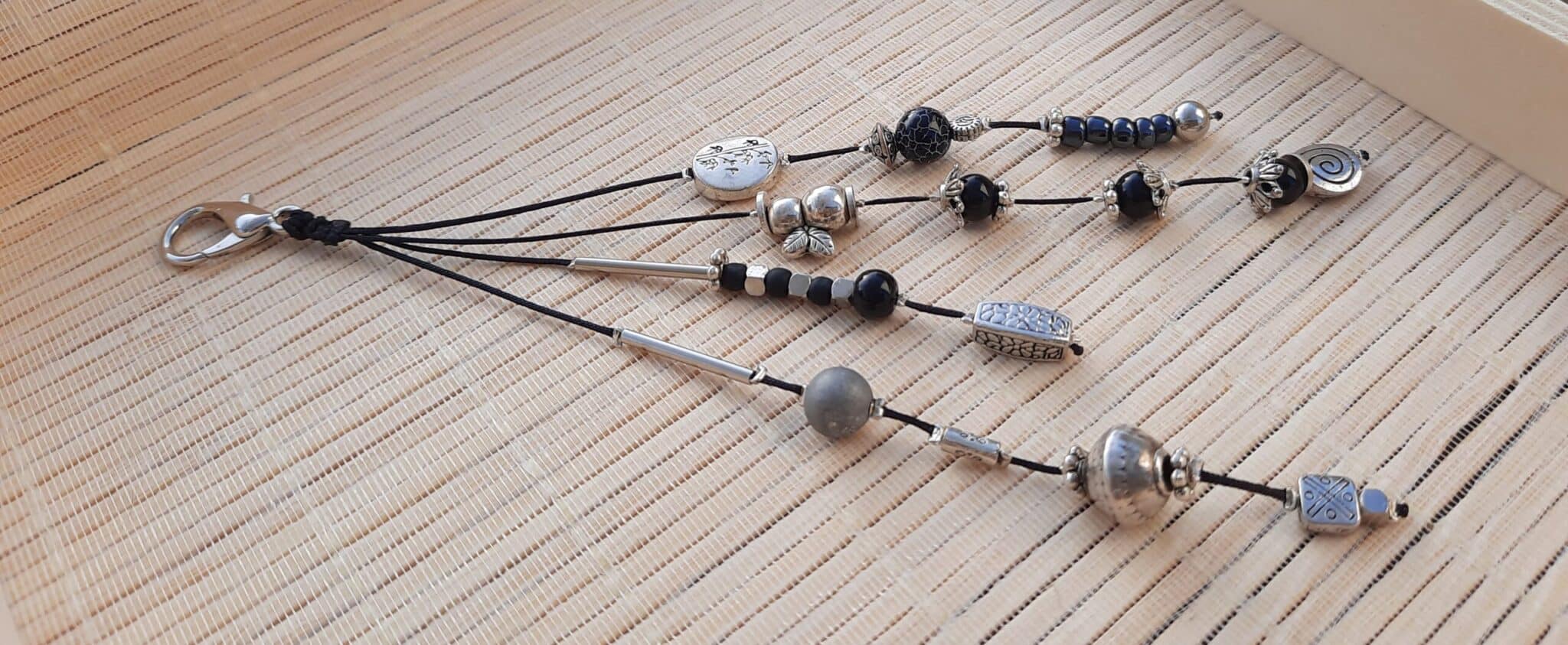 Sautoir pendentif, ajustable, fil de nylon tressé, breloque détachable "bijoux de sac", perles acier, perles fantaisies noires et grises – Image 4