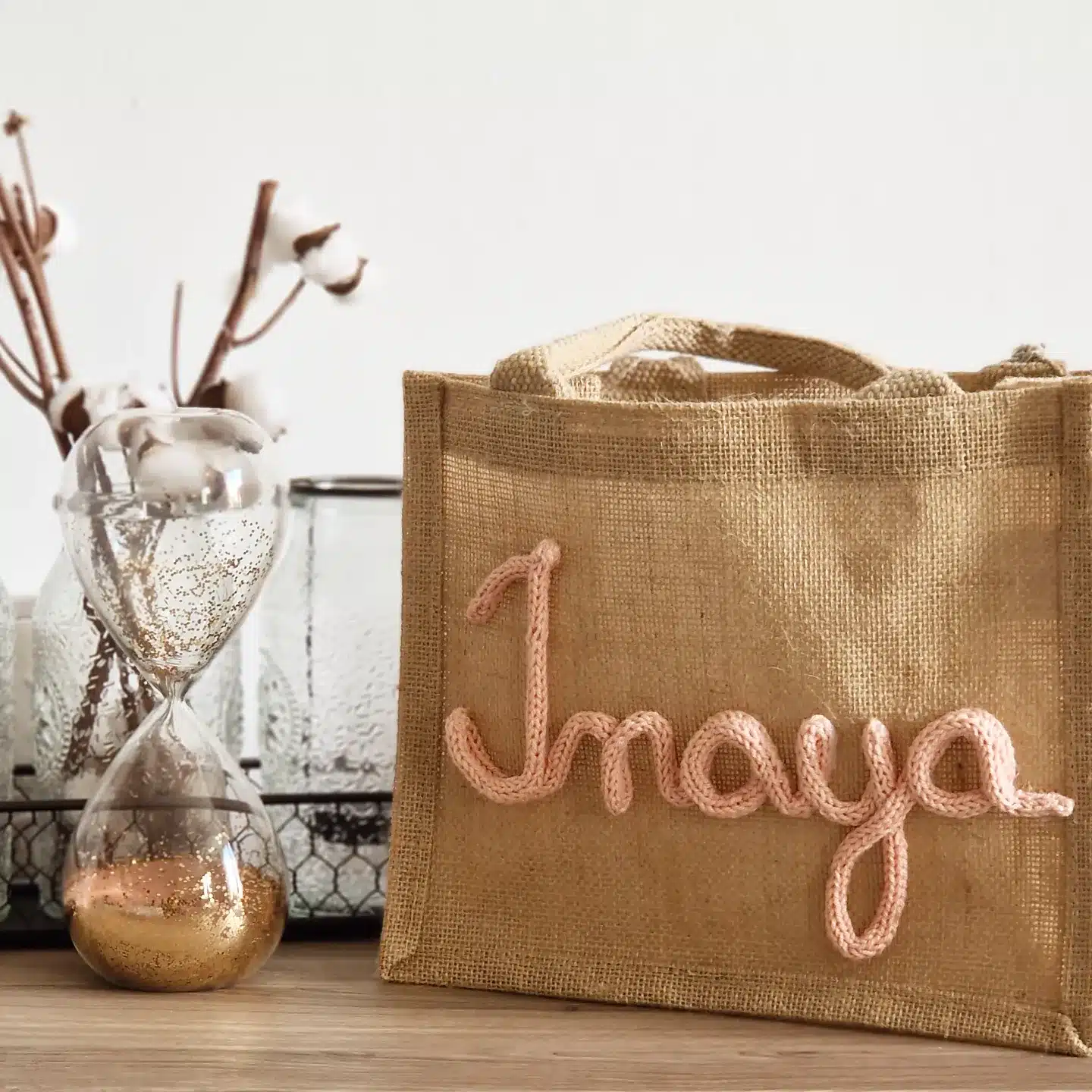 Petit sac en jute avec mot tricotin – Image 7