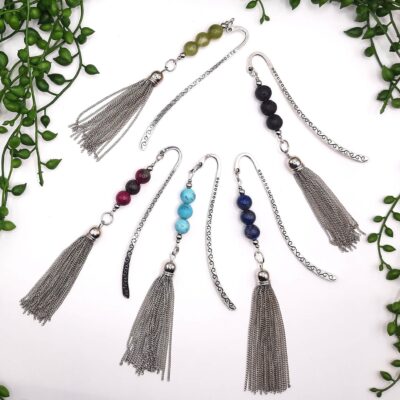 Marque page, Perles pierres naturelles, pompons acier inoxydable, Lithothérapie