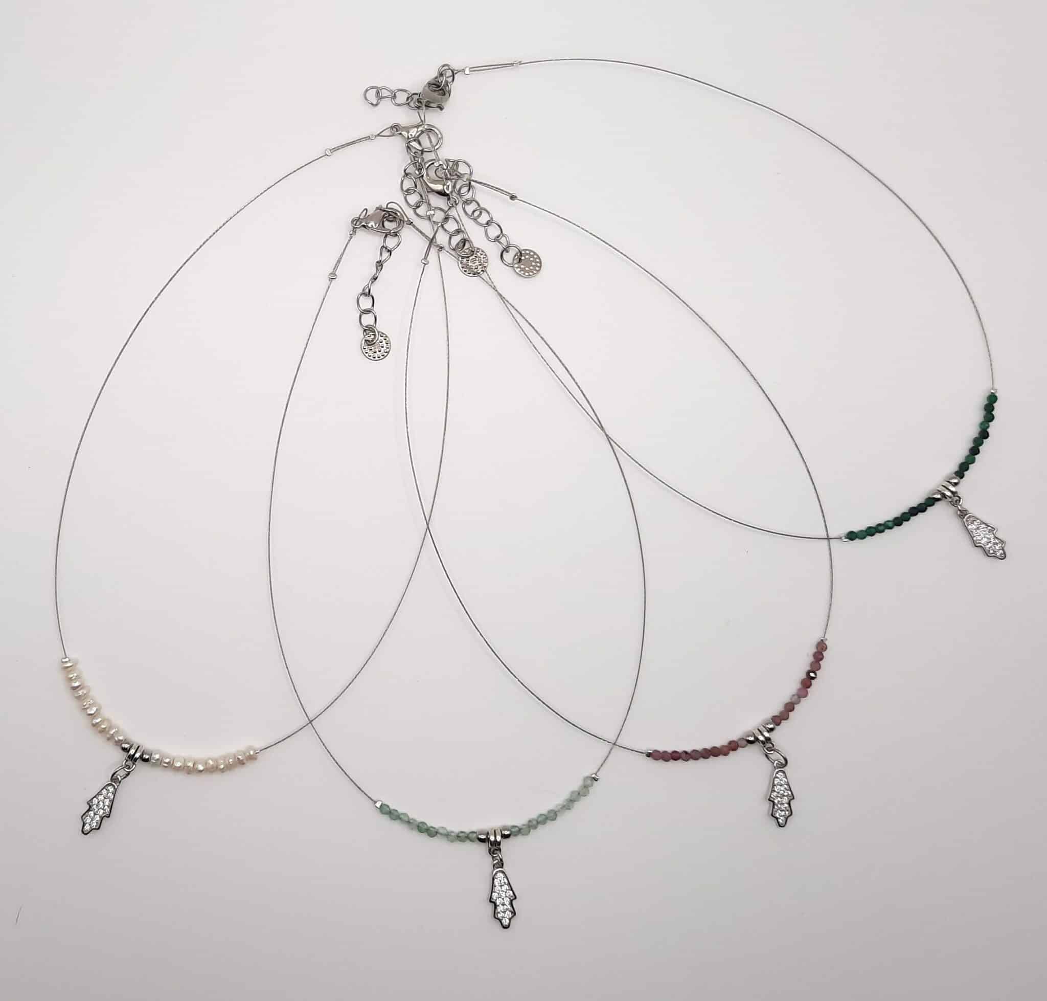 Collier ras du cou, fil câble acier, perles pierres naturelles, pendentif main de fatma argent 925 et zirconium, Lithothérapie