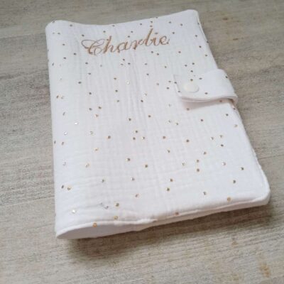 Protège carnet de santé double gaze de coton blanc pois dorés