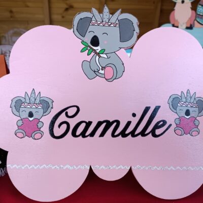 Plaque de porte de chambre Koala rose indien personnalisable au prénom de l'enfant