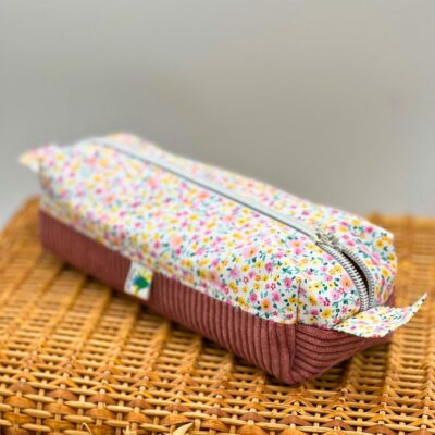 trousse école fleurie fait main - velours cotelé vieux rose