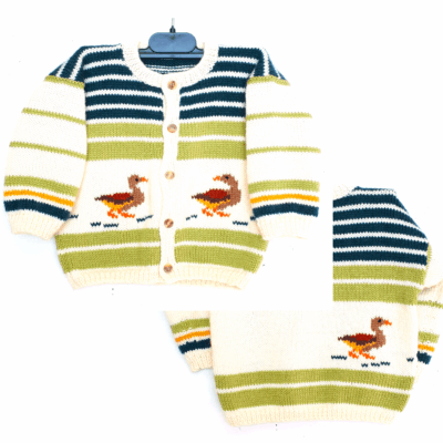 Gilet bébé fait main, layette en laine avec des canards devant et dos, taille 1 an