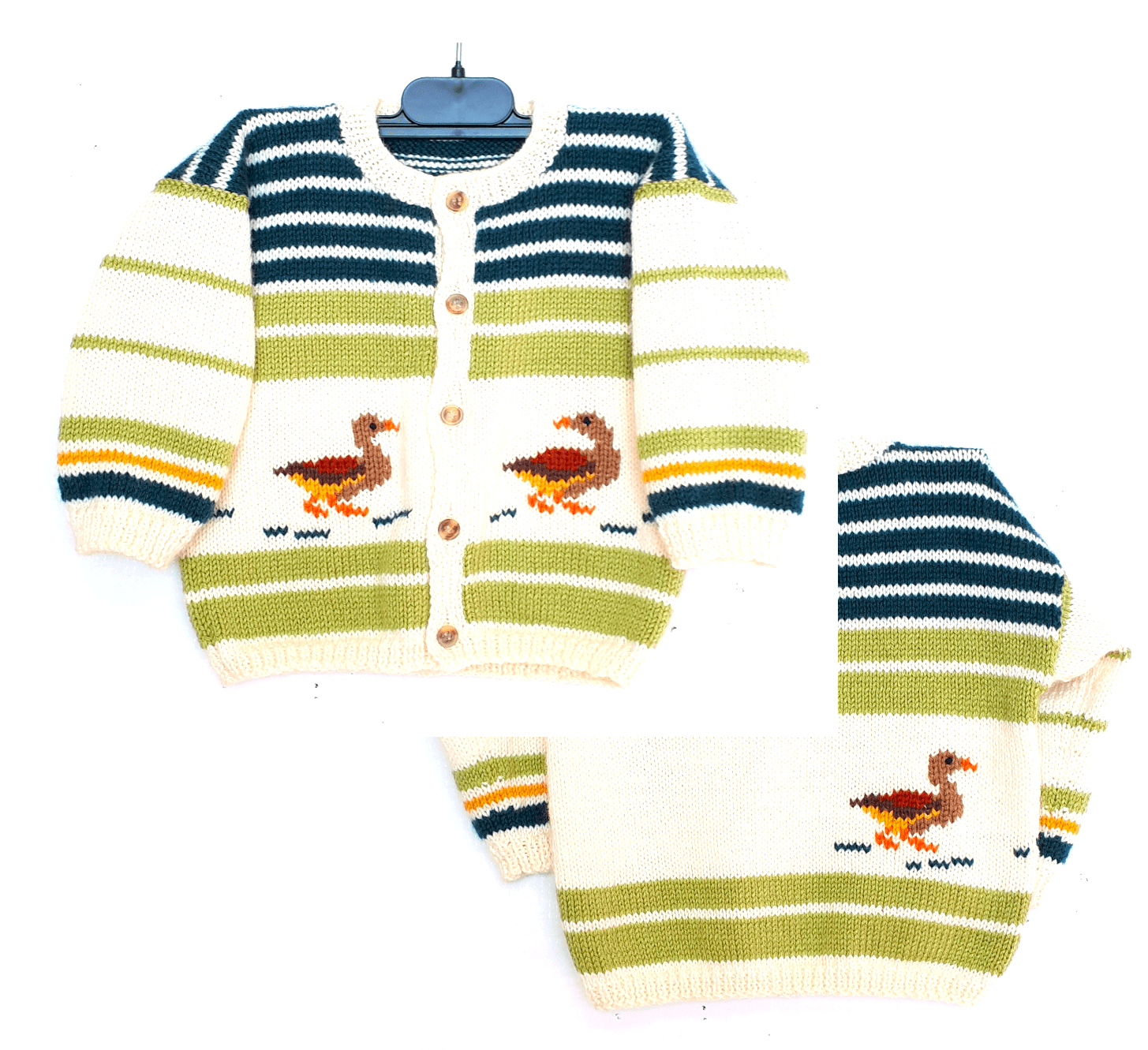 Gilet bébé fait main, layette en laine avec des canards devant et dos, taille 1 an