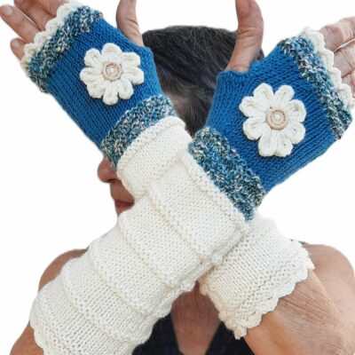 Mitaines femme tricotées main - Ecru, bleu pétrole et chiné bleu
