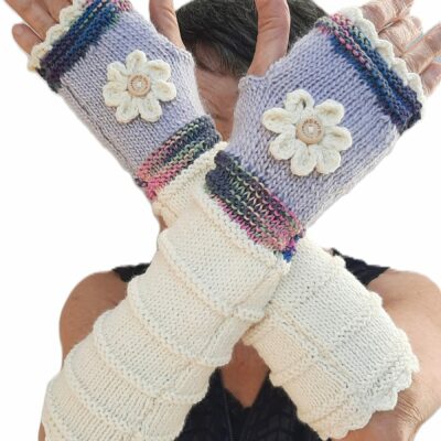 Mitaines femme tricotées main - Ecru, mauve et chiné multicolore