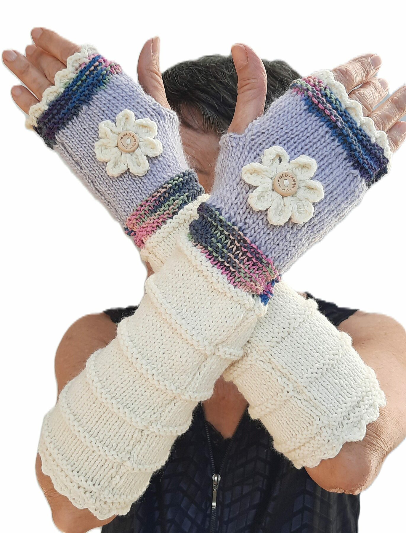 Mitaines femme tricotées main - Ecru, mauve et chiné multicolore