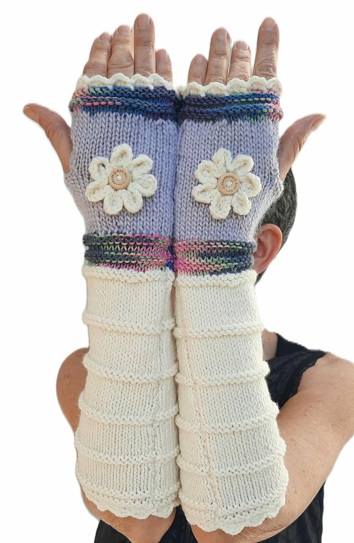 Mitaines femme tricotées main - Ecru, mauve et chiné multicolore – Image 2