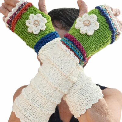 Mitaines femme tricotées main - Ecru, vert fluo et chiné multicolore