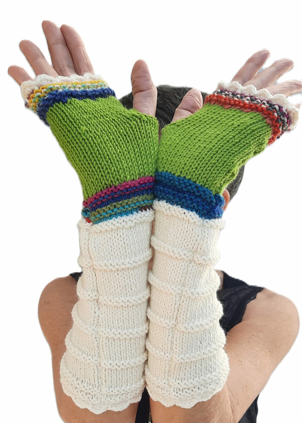 Mitaines femme tricotées main - Ecru, vert fluo et chiné multicolore – Image 3
