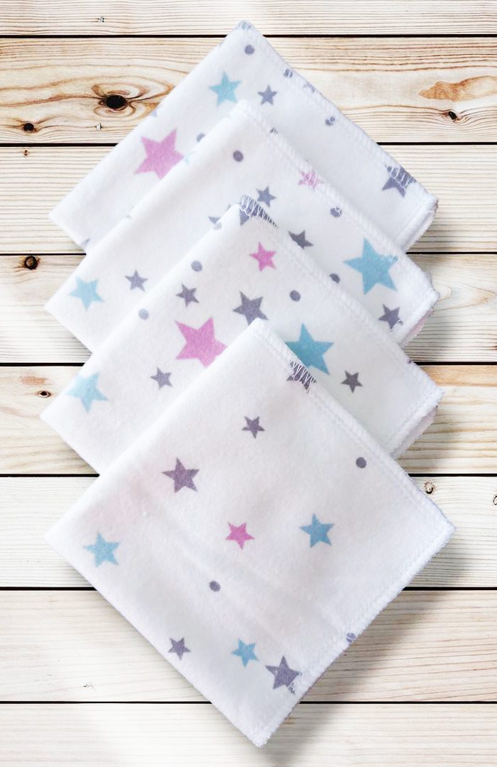 4 mouchoirs en flanelle de coton Bio lavables et réutilisables pour enfant - ETOILES (22 x 22 cm) mouchoir alternatif et durable - hanckies
