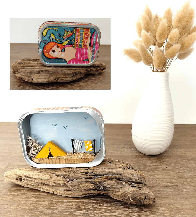 Décoration bois flotté, boîte de sardines, scène de camping, souvenir vacances