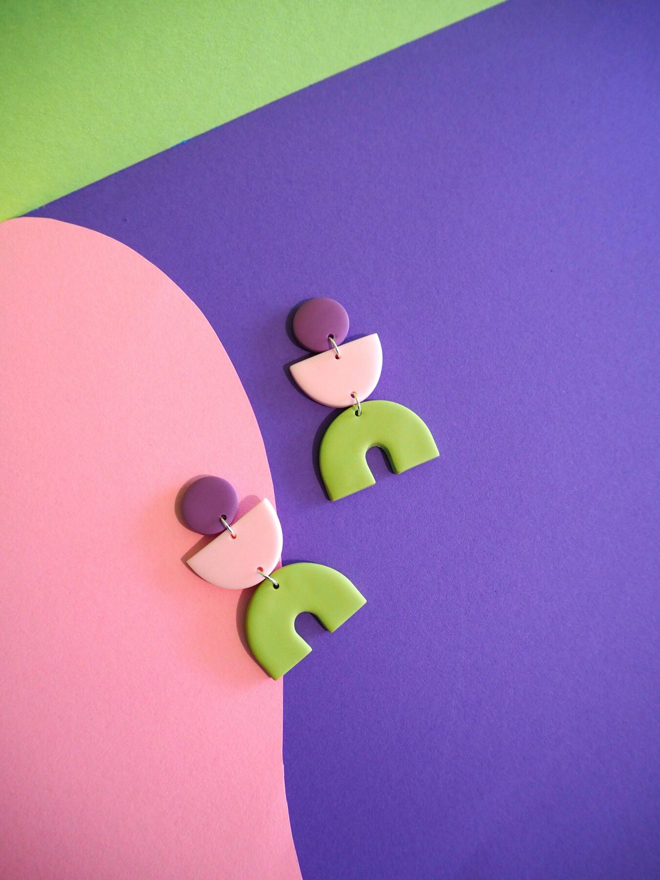 Boucles d'oreilles pâte polymère Sunny - violet lavande, rose pâle & vert
