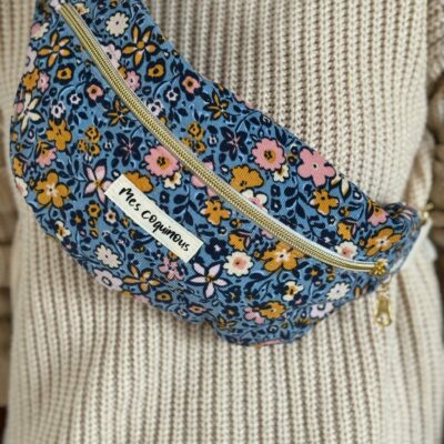 Sac banane en velours - fleurs bleues