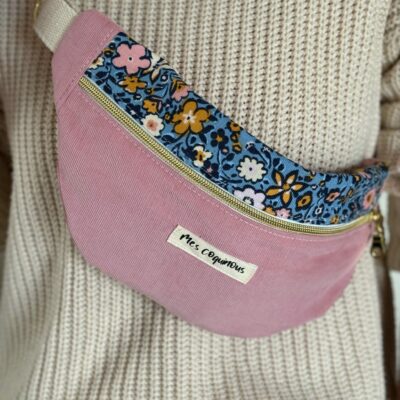 Sac banane en velours - rose et fleurs bleues