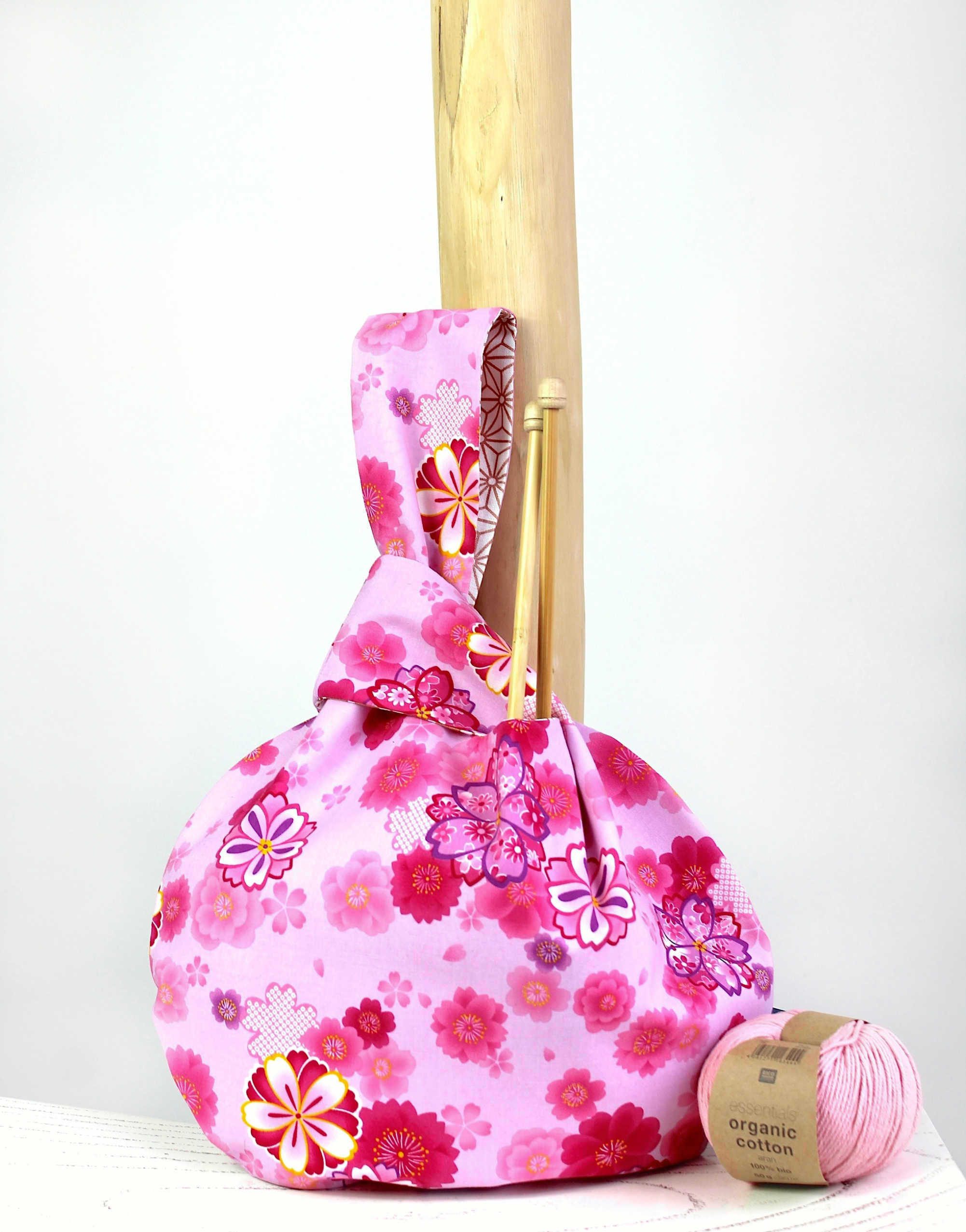 Sac japonais à noeud, sac à projets, knot bag tissu fleurs – Image 2