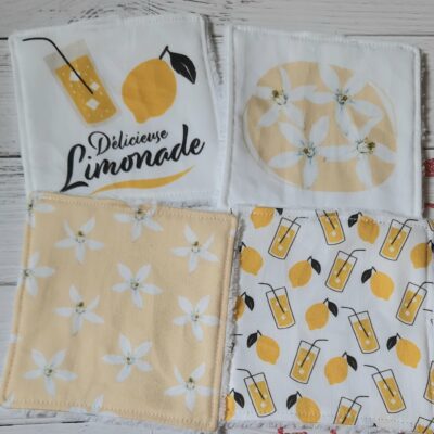 Lingettes Démaquillantes Lavables en Éponge de Bambou et Popeline de Coton - Motif Limonade, Fabrication Française, Certifiées Oeko-Tex