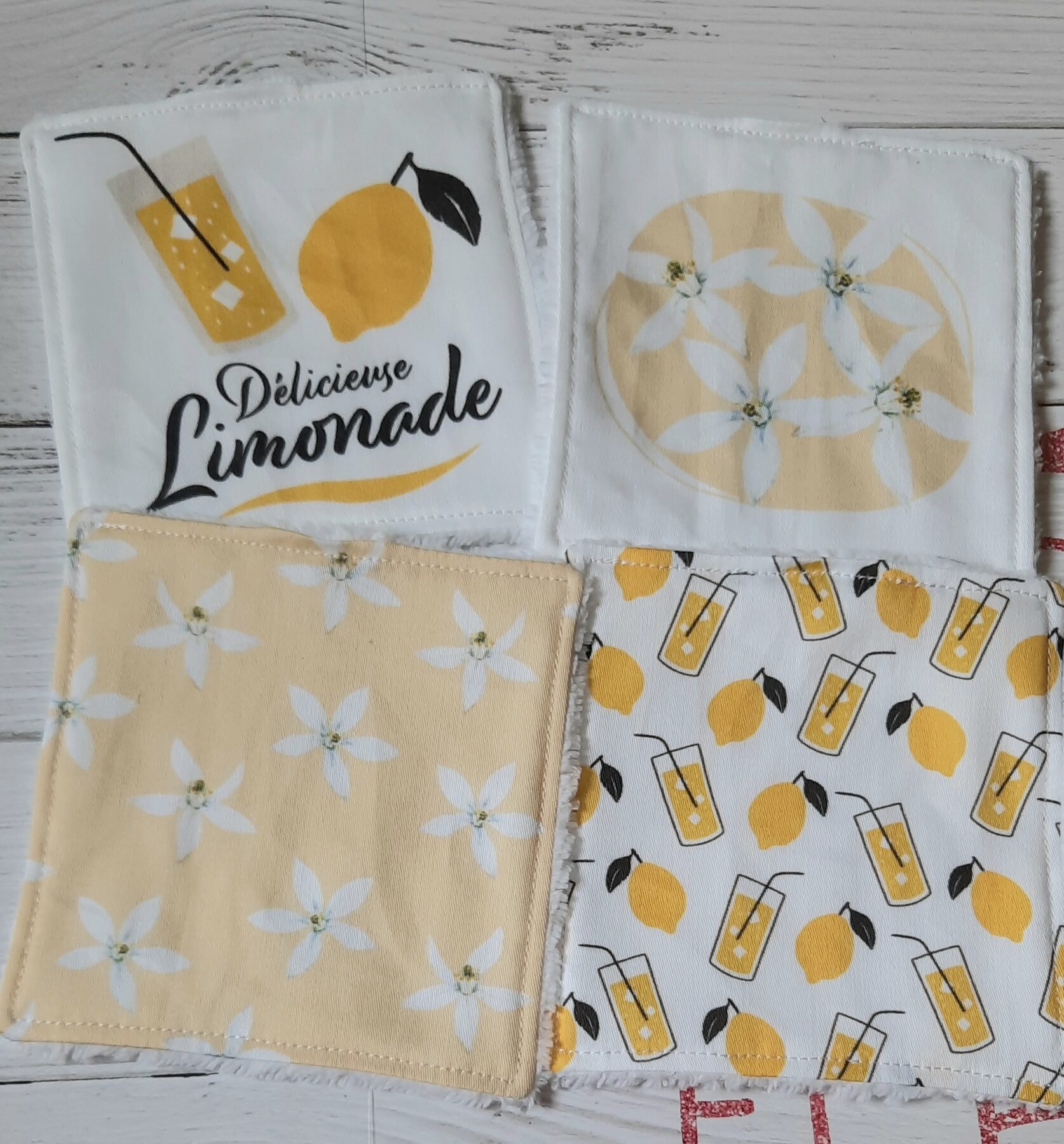 Lingettes Démaquillantes Lavables en Éponge de Bambou et Popeline de Coton - Motif Limonade, Fabrication Française, Certifiées Oeko-Tex