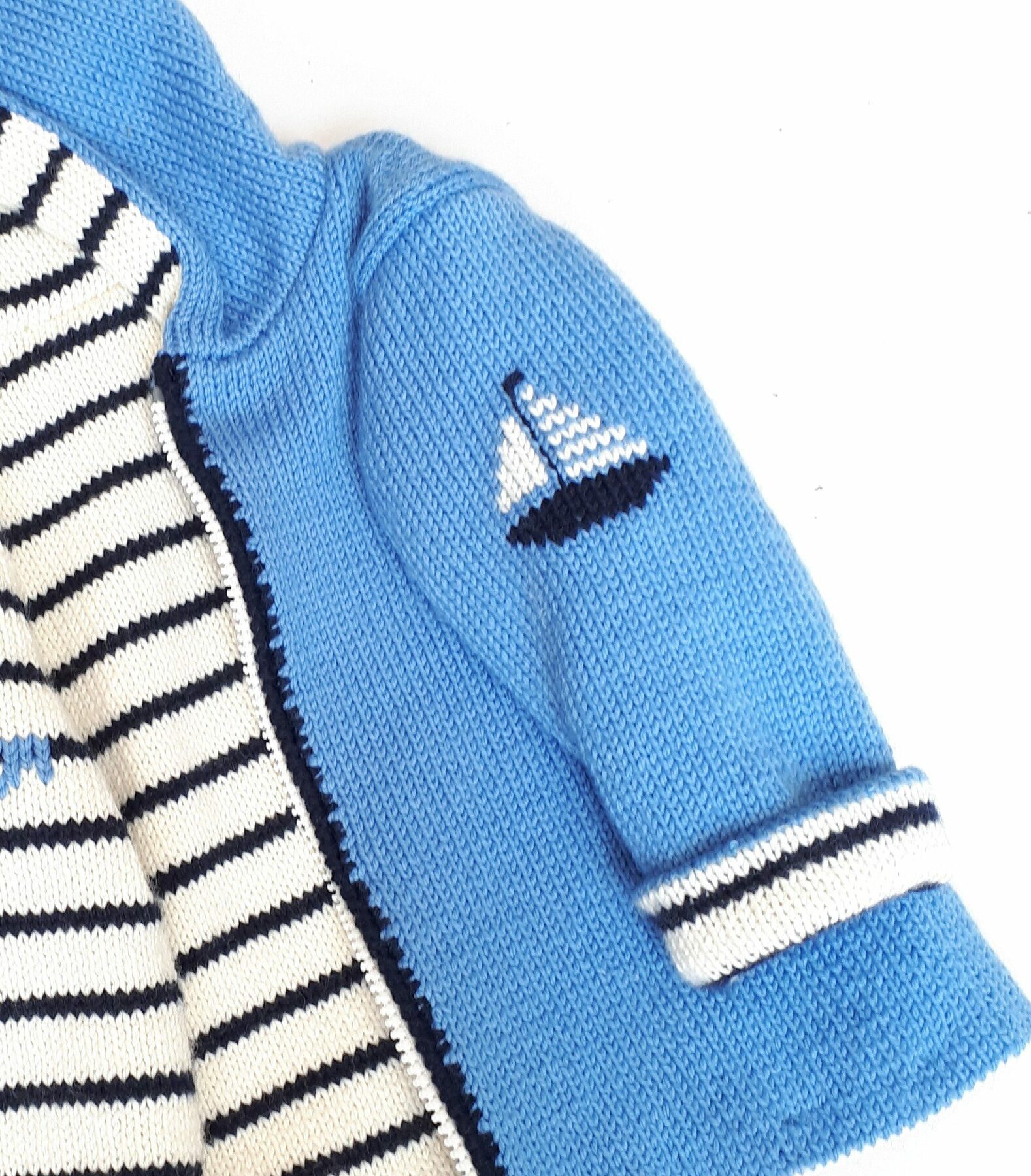Manteau bébé réversible, avec capuche, tricot main, style marin, taille 1 an – Image 3