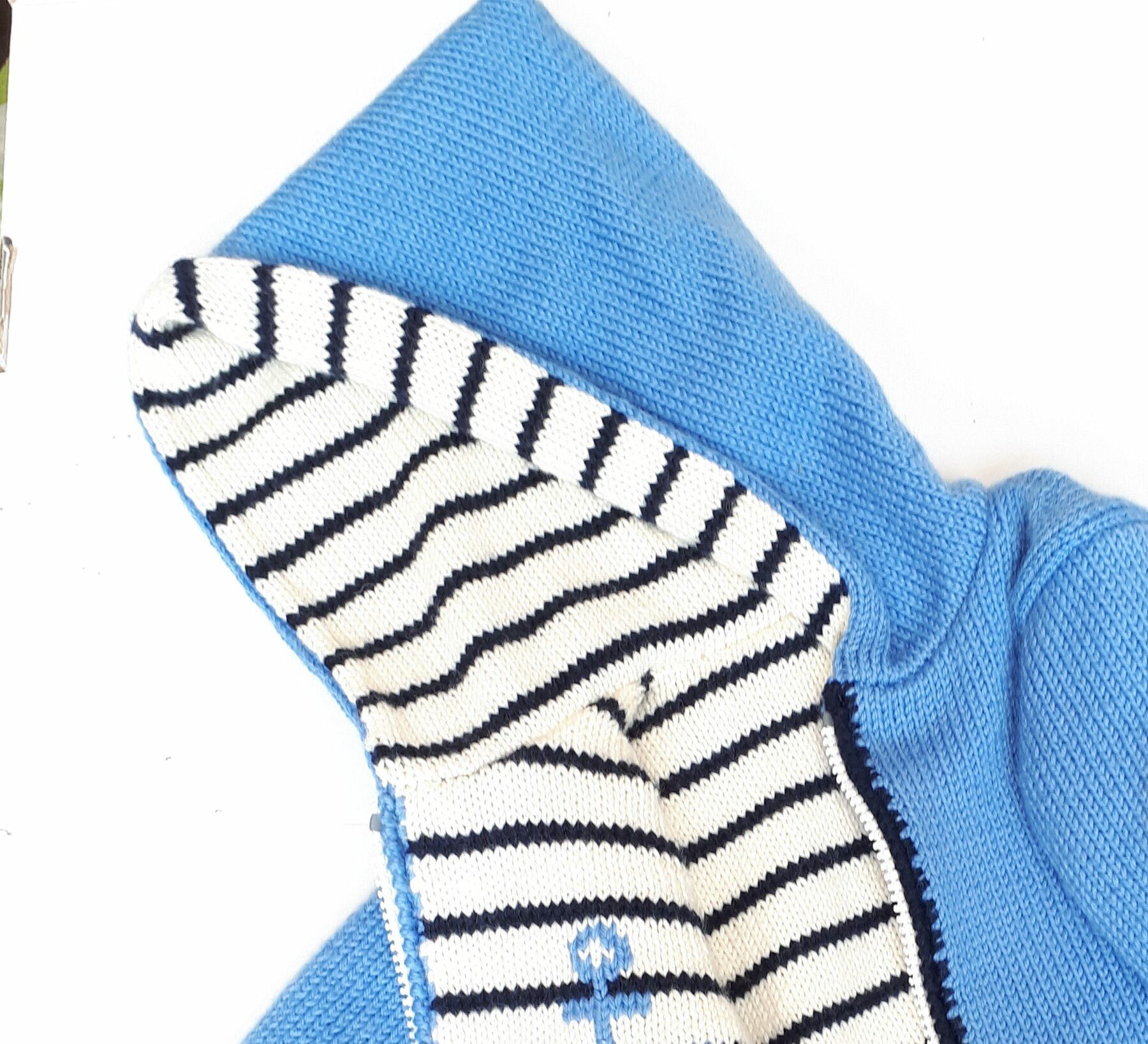 Manteau bébé réversible, avec capuche, tricot main, style marin, taille 1 an – Image 4