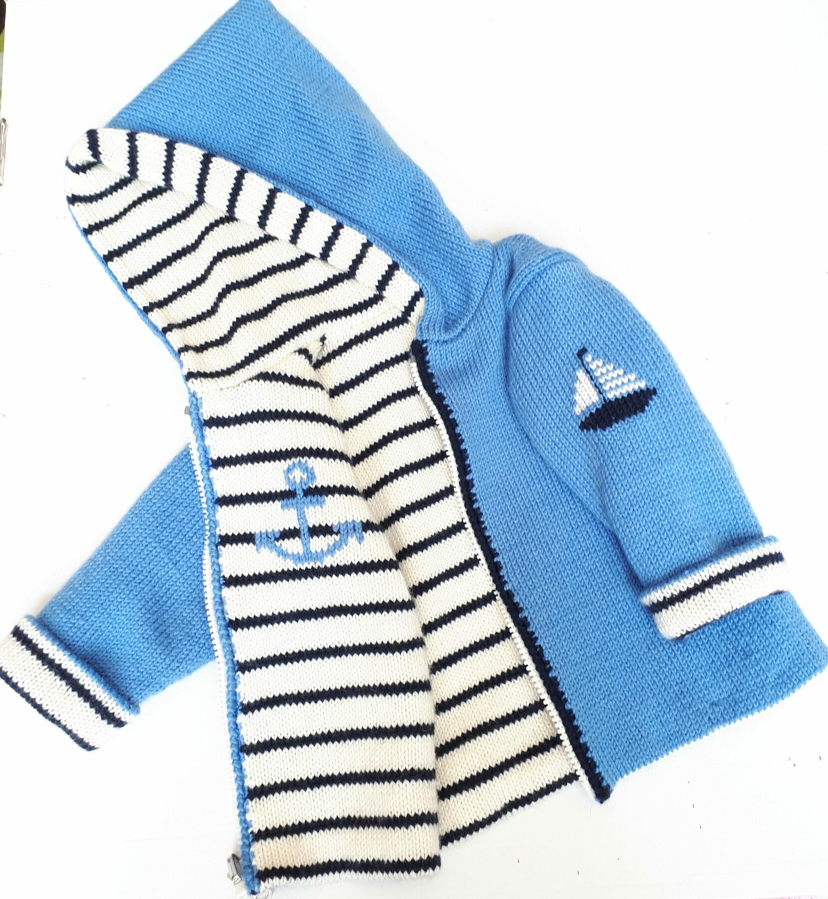 Manteau bébé réversible, avec capuche, tricot main, style marin, taille 1 an – Image 2