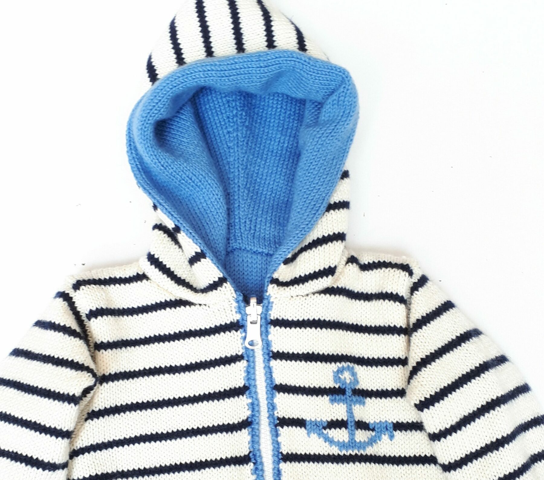 Manteau bébé réversible, avec capuche, tricot main, style marin, taille 1 an – Image 7
