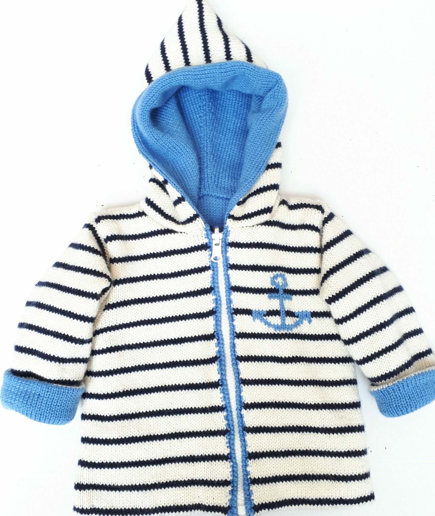 Manteau bébé réversible, avec capuche, tricot main, style marin, taille 1 an – Image 6